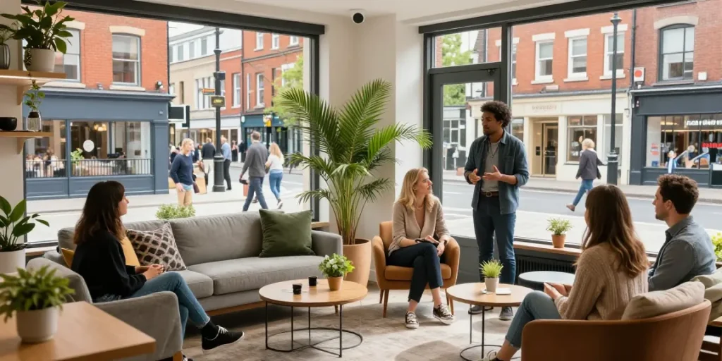Airbnb management company Manchester showcasing stylish interiors and hosts engaging with guests in a vibrant atmosphere.