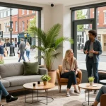Airbnb management company Manchester showcasing stylish interiors and hosts engaging with guests in a vibrant atmosphere.