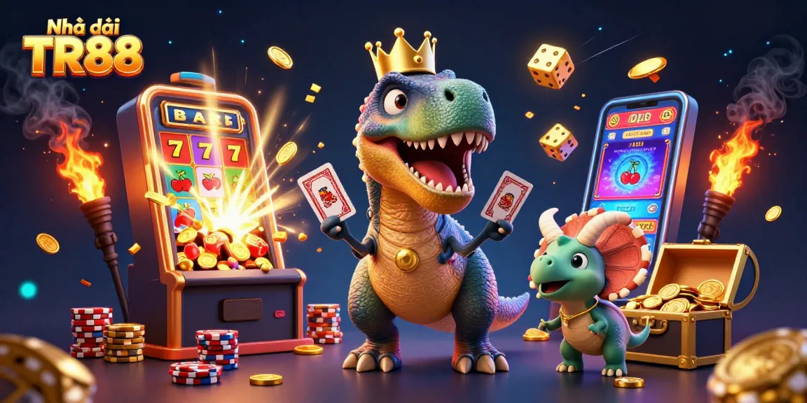 Experience excitement at Nhà cái TR88 with characters celebrating a jackpot amidst vibrant gaming elements.