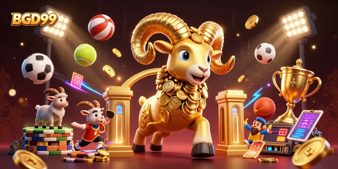 Engage with BGD99's dynamic sports betting experience featuring a golden ram charging at a trophy.