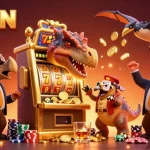 Experience the excitement of OKWIN with a dinosaur hitting a jackpot slot machine amid colorful casino elements.