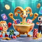 Engage in parlay judi bola with a lively scene featuring a golden ramen bowl character dealing cards and chips