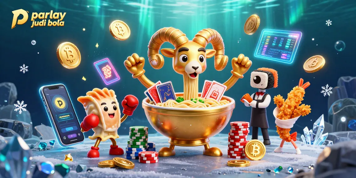 Engage in parlay judi bola with a lively scene featuring a golden ramen bowl character dealing cards and chips