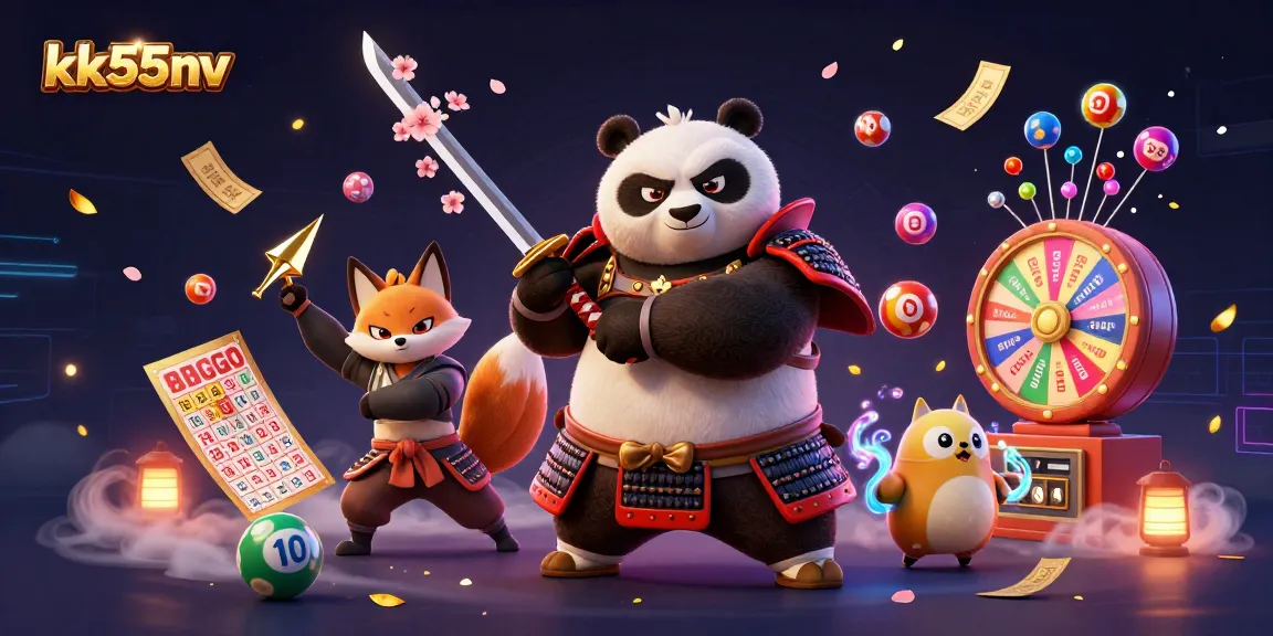Experience thrilling gambling with kk55nv as samurai panda and ninja fox shine in a colorful casino scene.