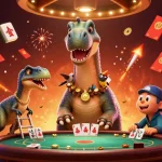 Experience the excitement at 99WIN with a vibrant casino scene featuring a colossal brontosaurus.
