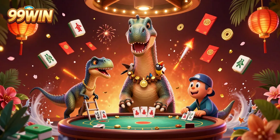 Experience the excitement at 99WIN with a vibrant casino scene featuring a colossal brontosaurus.