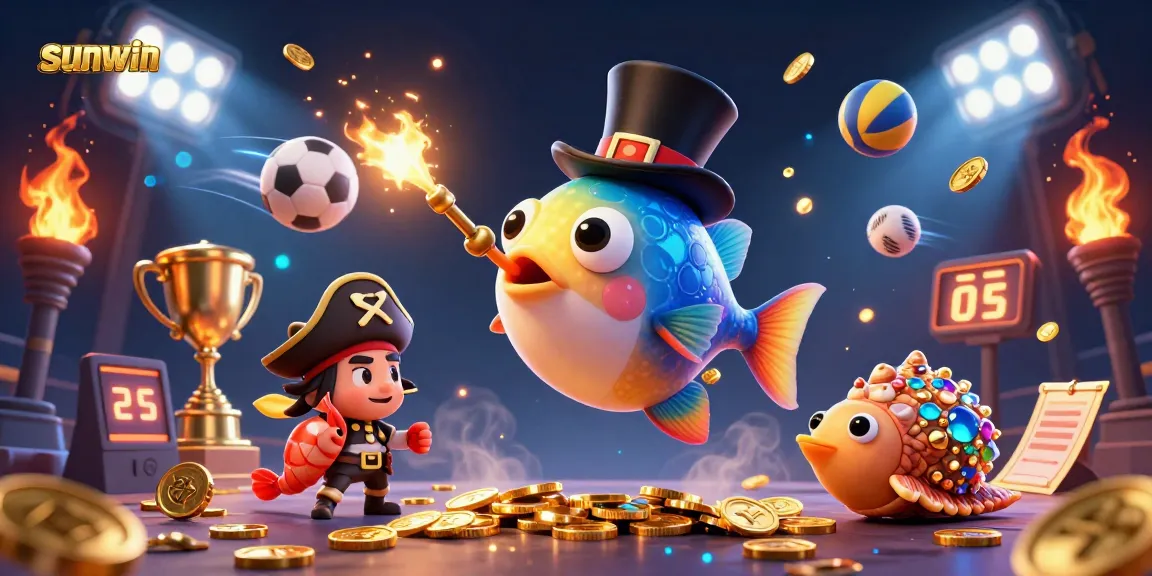 Experience the thrill of gaming at sunwin with a vibrant 3D casino scene featuring an anglerfish, shrimp, and a treasure snail.