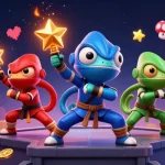 Get ready to play with link 98win as ninja chameleons perform martial arts amid arcade machines.