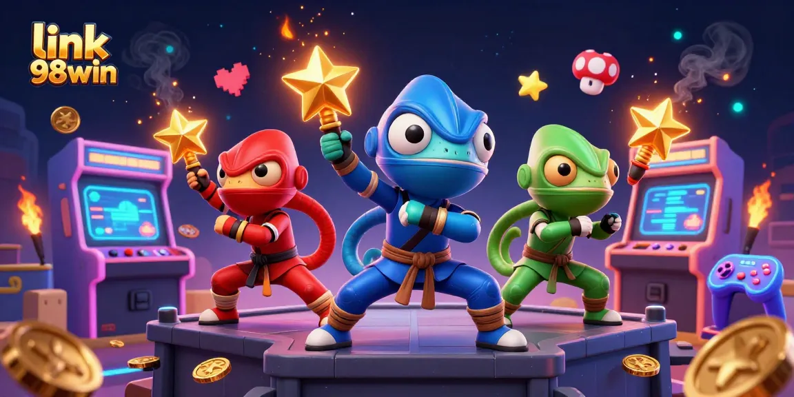 Get ready to play with link 98win as ninja chameleons perform martial arts amid arcade machines.