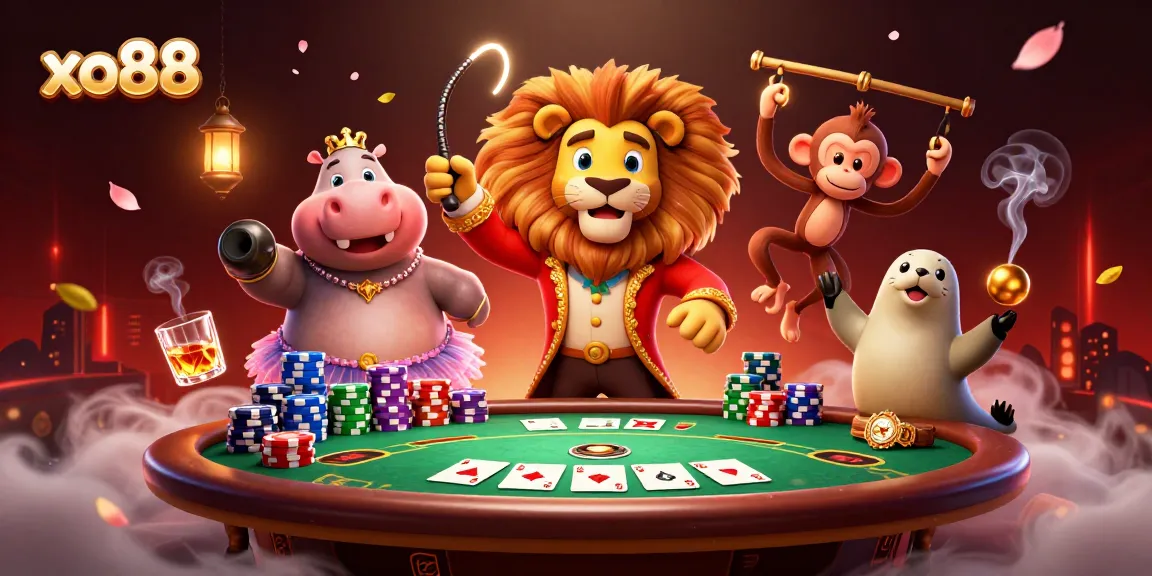 Experience thrilling gameplay with xo88's vibrant characters and poker action in a lively casino scene.