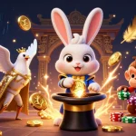 Engaging digital illustration themed around Sunwin chơi trên web, showcasing a rabbit magician, glamorous dove, and a monkey with gold coins and poker chips.