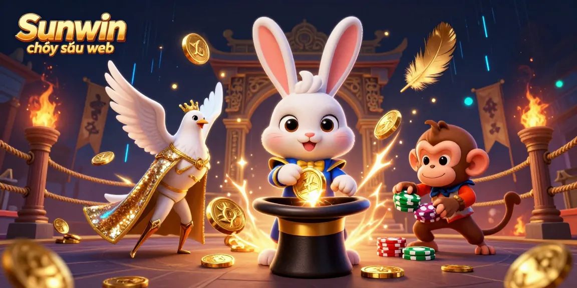 Engaging digital illustration themed around Sunwin chơi trên web, showcasing a rabbit magician, glamorous dove, and a monkey with gold coins and poker chips.