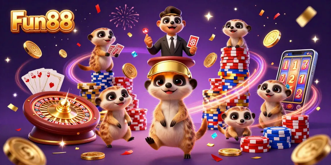Play at Fun88's vibrant casino with meerkats, chips, and festive golden coins.