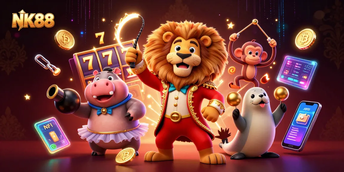 Engage with NK88's vibrant casino scene featuring animated characters and glowing gaming elements.