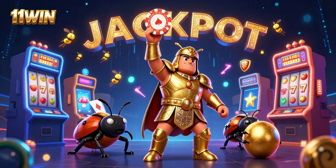 Engage with 11WIN through a vibrant 3D illustration celebrating jackpots and casino excitement.