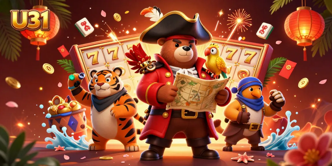 Experience U31 with a vibrant illustration of a pirate captain bear, tiger, and parrot among dynamic casino elements.