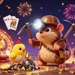 Win678 offers thrilling gambling experiences with treasure hunter mole amidst golden coins and vibrant 3D casino elements.