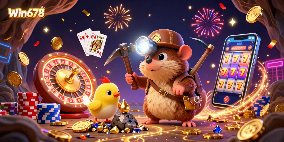 Win678 offers thrilling gambling experiences with treasure hunter mole amidst golden coins and vibrant 3D casino elements.