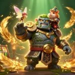 Engage in the excitement of ee88 with vibrant slot reels and magical animated characters in a dynamic casino scene.