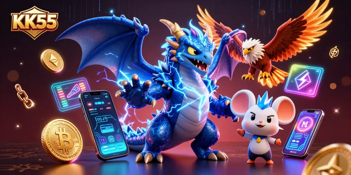 Experience the thrill of KK55 with dynamic casino-themed digital art showcasing vibrant gaming elements.