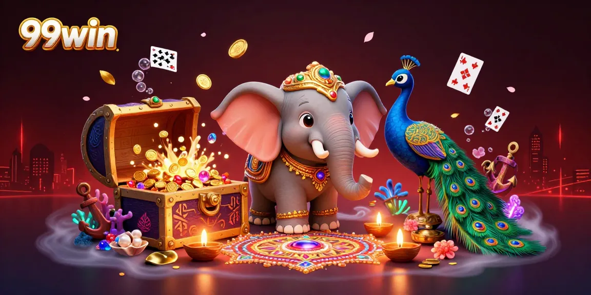 Experience the excitement of 99win with vibrant 3D casino elements and festive characters in a dynamic scene.