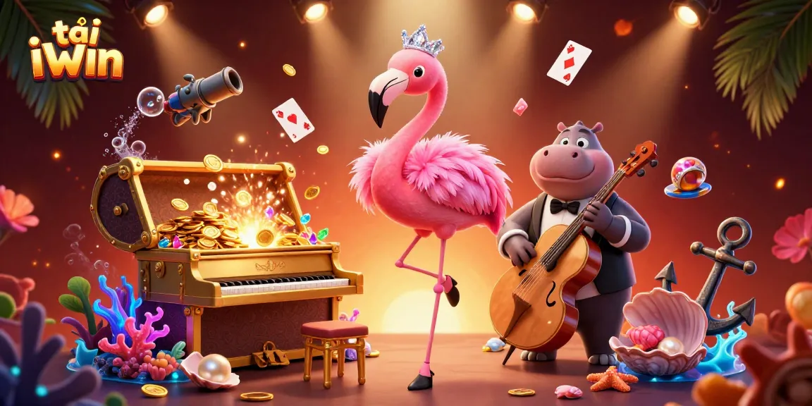 Experience excitement with tải iWin, featuring vibrant casino characters in a 3D digital scene.