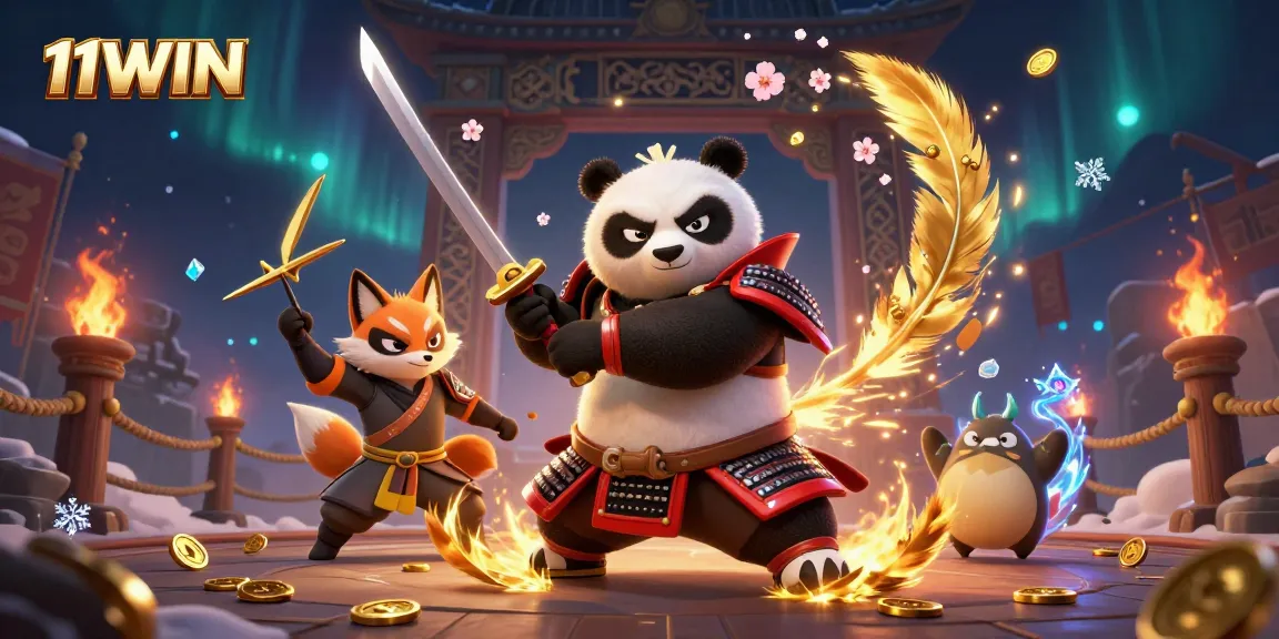 Engage with 11WIN's thrilling gaming scene featuring samurai panda and ninja fox in a magical arena.