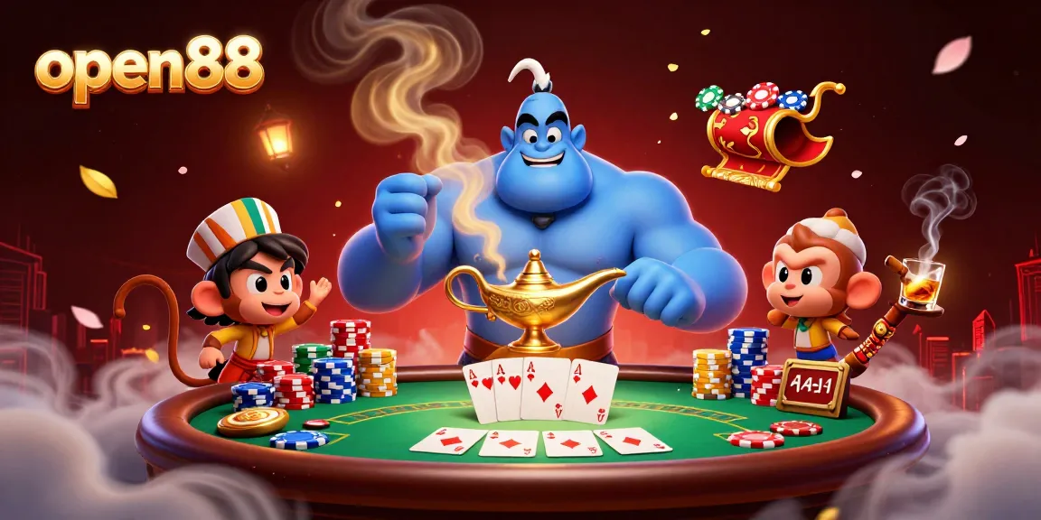 Engage with open88's vibrant 3D cartoon scene showcasing poker excitement and magical elements.