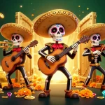 Engage with ee88 by enjoying an animated mariachi band amidst treasures and casino elements.