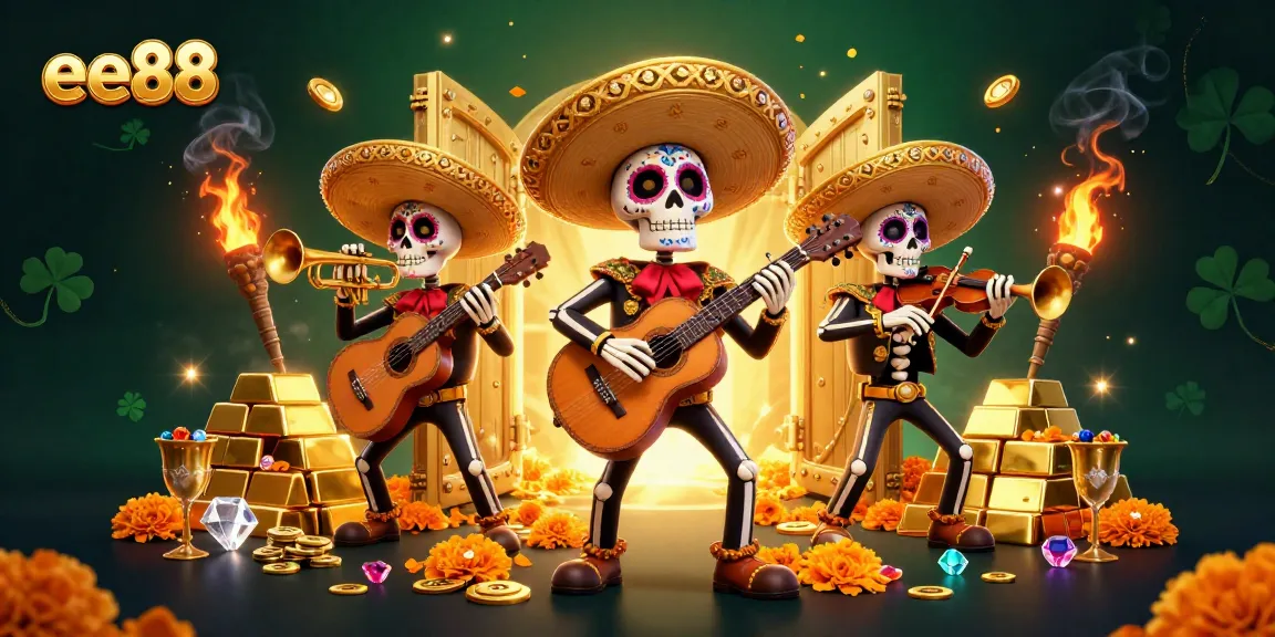 Engage with ee88 by enjoying an animated mariachi band amidst treasures and casino elements.
