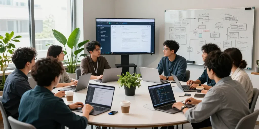 Team collaborating to build internal tools with AI in a dynamic workspace.