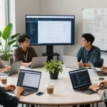 Team collaborating to build internal tools with AI in a dynamic workspace.