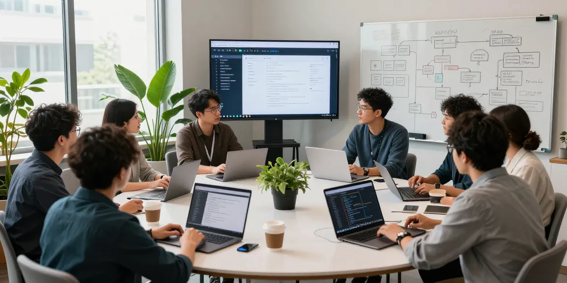 Team collaborating to build internal tools with AI in a dynamic workspace.