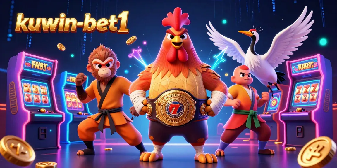 Experience thrills with kuwin-bet1 featuring a Muay Thai rooster, Shaolin monkey, and wise crane in a vibrant digital casino.