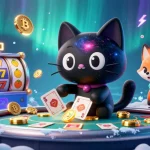 Engage in cosmic casino fun with the 11WIN characters, a black hole cat and nebula fox, surrounded by animated gambling elements.