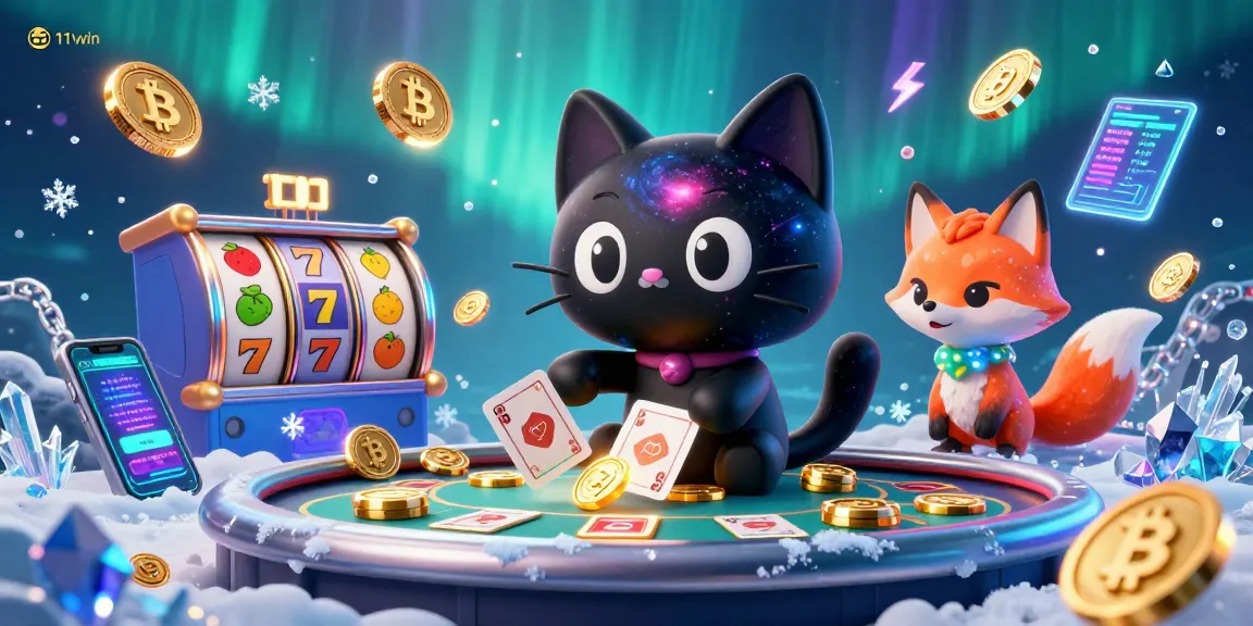 Engage in cosmic casino fun with the 11WIN characters, a black hole cat and nebula fox, surrounded by animated gambling elements.