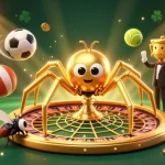 11WIN captivating scene with a golden spider and centipede croupier amid dynamic sports betting elements and vibrant visuals.
