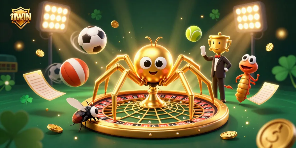 11WIN captivating scene with a golden spider and centipede croupier amid dynamic sports betting elements and vibrant visuals.