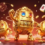 Spin the reels with nk888, featuring a vibrant golden golem and festive casino elements.