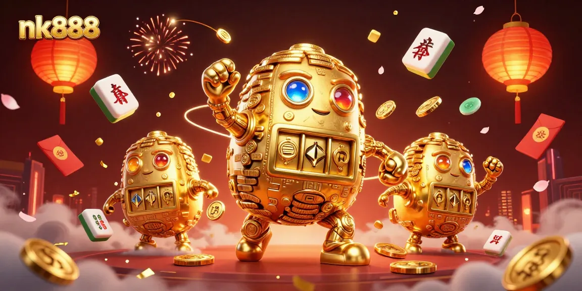Spin the reels with nk888, featuring a vibrant golden golem and festive casino elements.