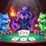 Experience thrilling poker action with NHÀ CÁI EA88's spectral themed casino illustration featuring wolves and card games.