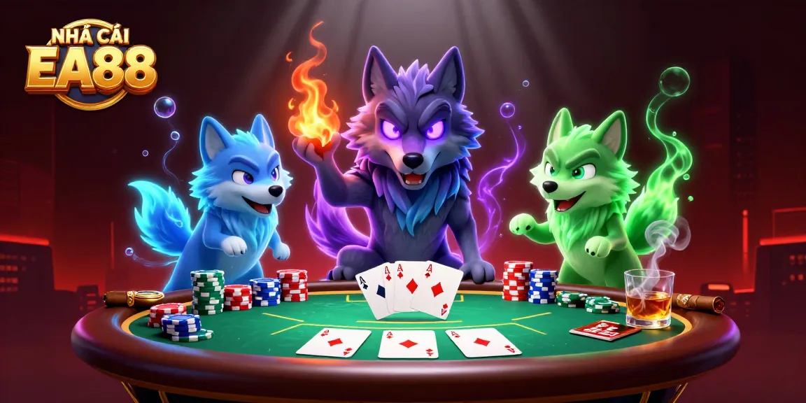 Experience thrilling poker action with NHÀ CÁI EA88's spectral themed casino illustration featuring wolves and card games.