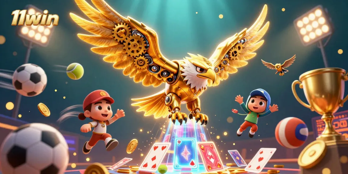 Experience thrilling gameplay with 11WIN's vibrant 3D rendering of a cybernetic eagle amidst an exciting sports betting scene.