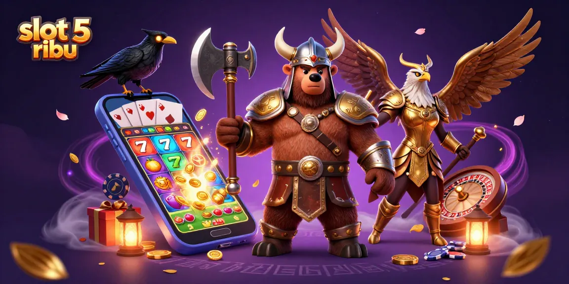 Experience thrilling wins with slot 5 ribu, featuring a Viking and Valkyrie amidst dynamic gaming elements.