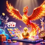 Experience thrilling gaming action with 11WIN's vibrant phoenix scene, laden with exciting casino symbols.
