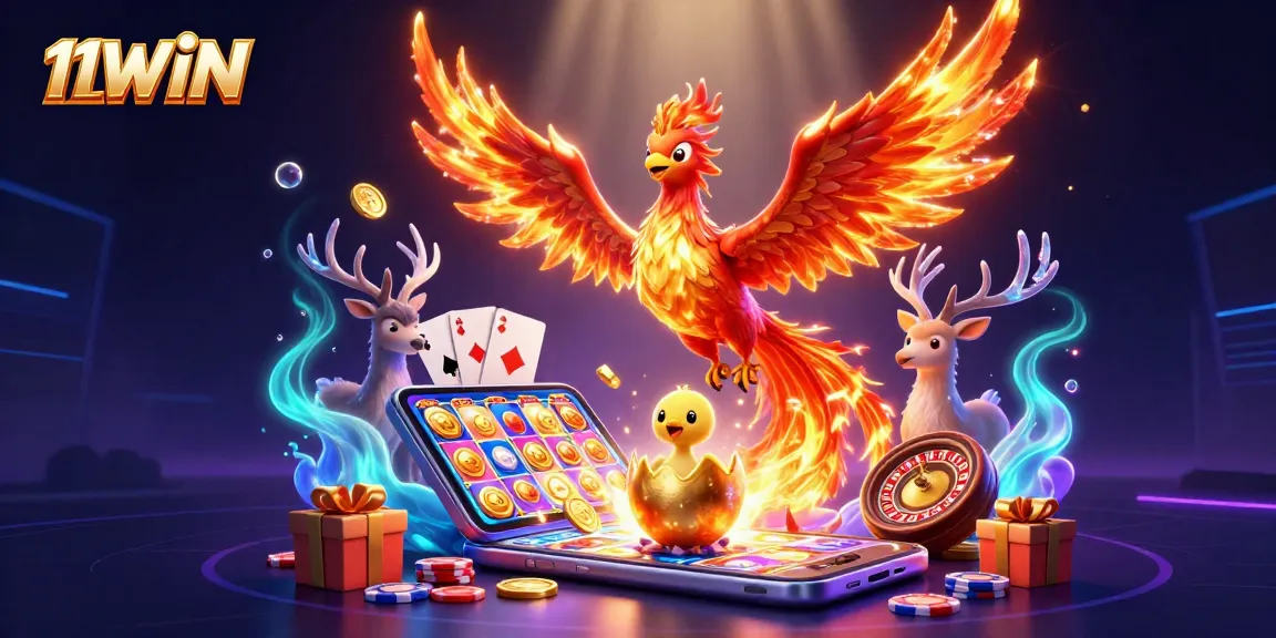 Experience thrilling gaming action with 11WIN's vibrant phoenix scene, laden with exciting casino symbols.