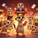 Win big with 8vbet in a vibrant 3D casino scene filled with meerkats and gaming elements.