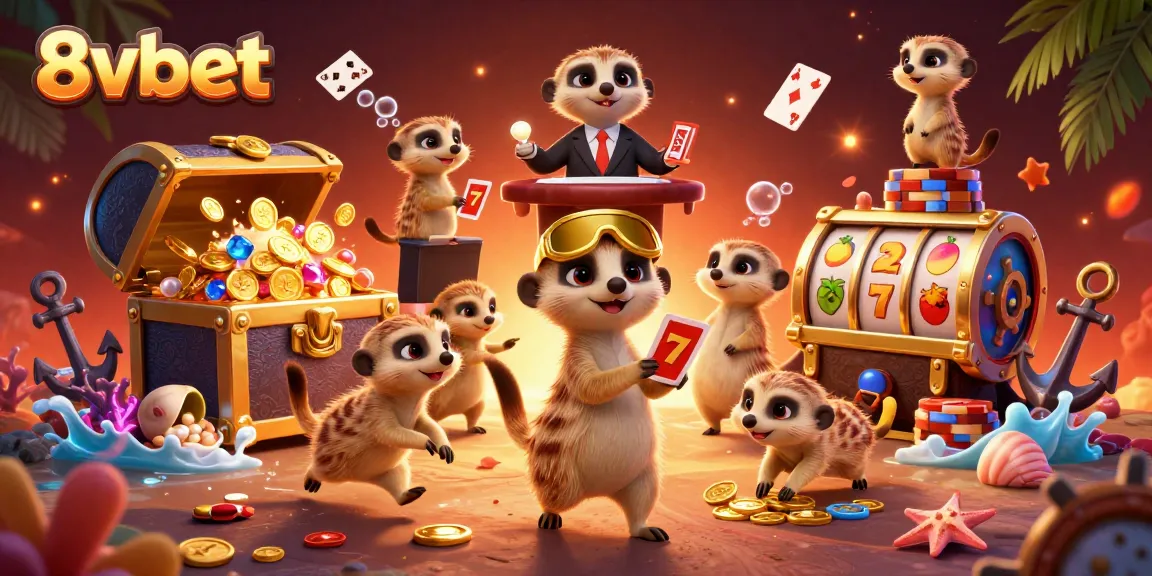 Win big with 8vbet in a vibrant 3D casino scene filled with meerkats and gaming elements.
