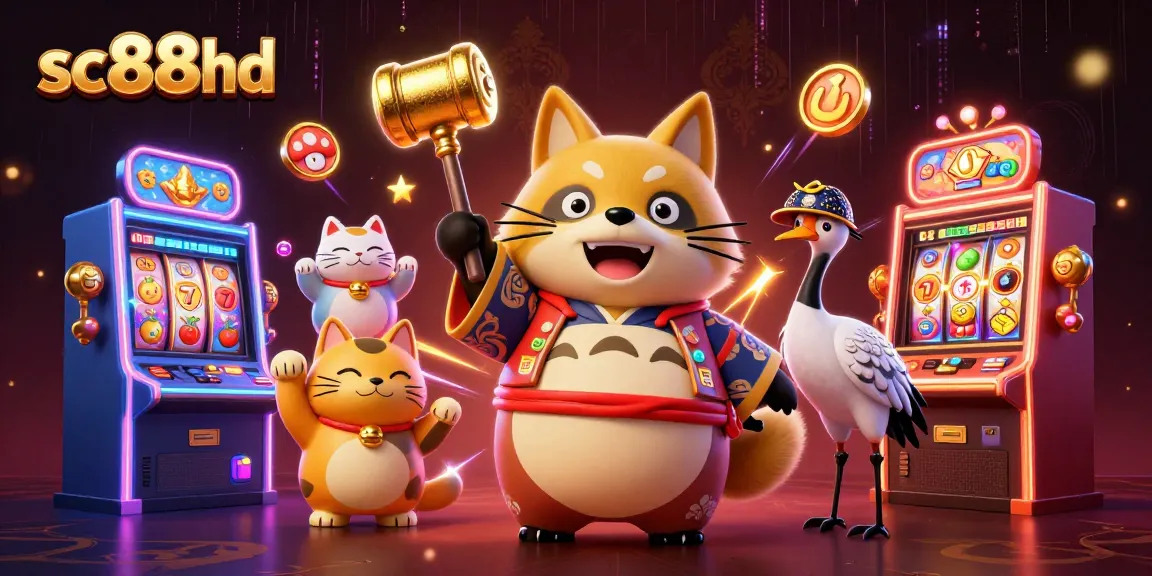 Play exciting slots like sc88hd with cheerful tanuki character and vibrant casino elements.