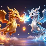 Experience the thrills of j188 casino with twin dragons battling as coins and cards scatter around.